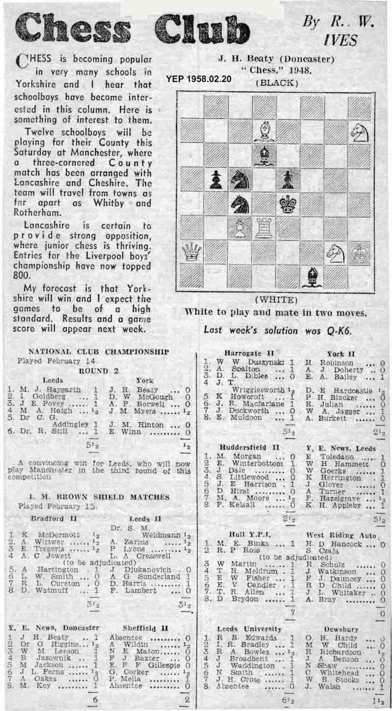 23 January 1958, Yorkshire Evening Post, chess column