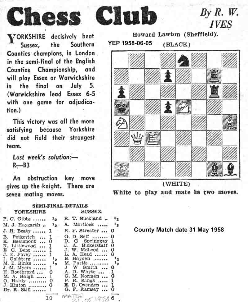 5 June 1958, Yorkshire Evening Post, chess column