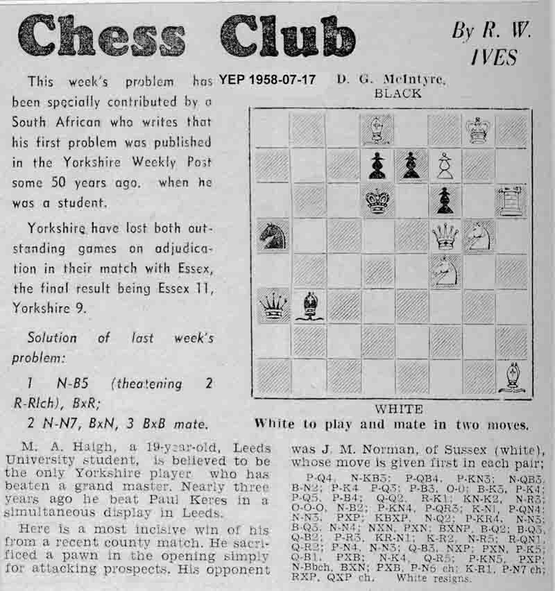 17 July 1958, Yorkshire Evening Post, chess column