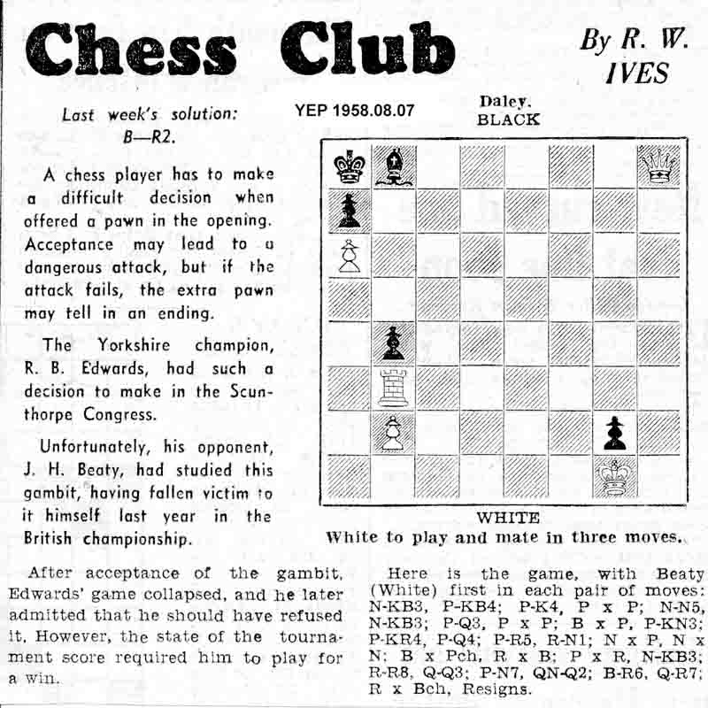 7 August 1958, Yorkshire Evening Post, chess column