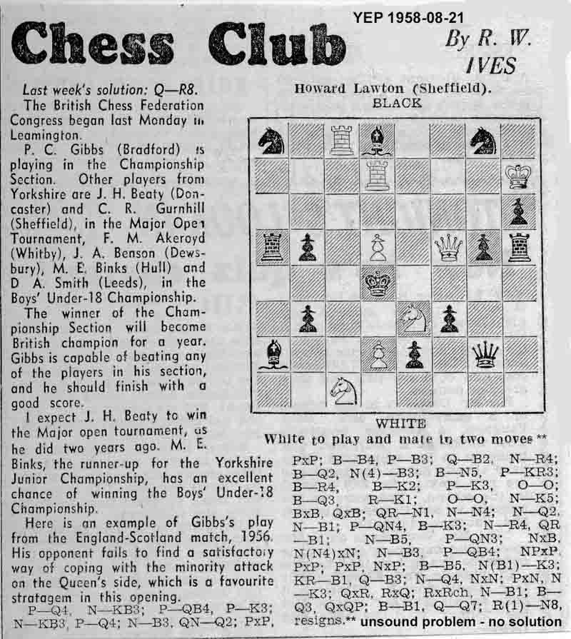 21 August 1958, Yorkshire Evening Post, chess column