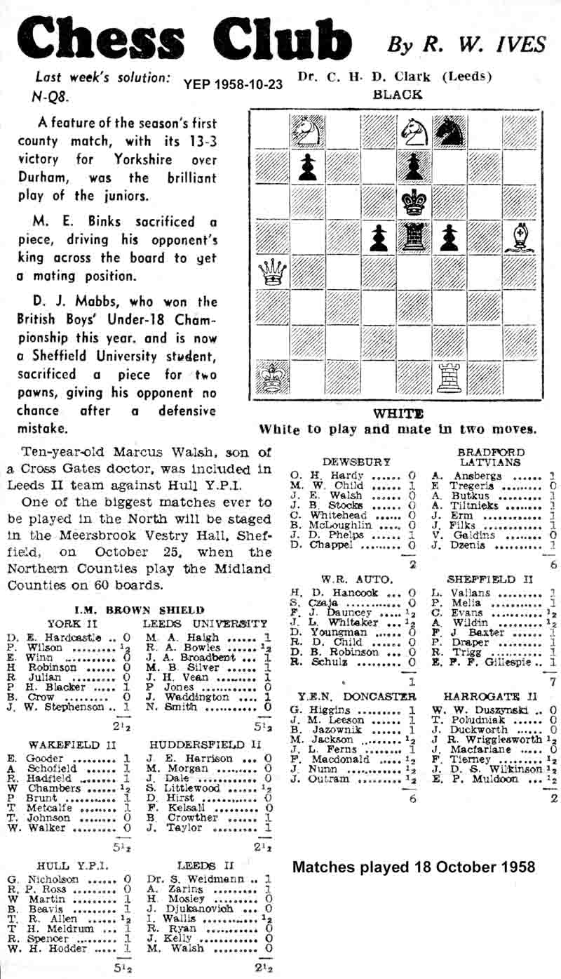 23 October 1958, Yorkshire Evening Post, chess column