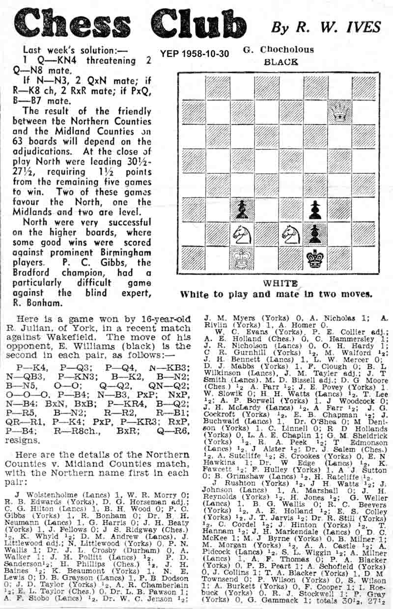 30 October 1958, Yorkshire Evening Post, chess column