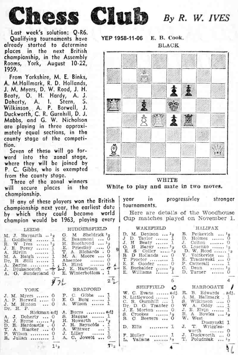 6 November 1958, Yorkshire Evening Post, chess column