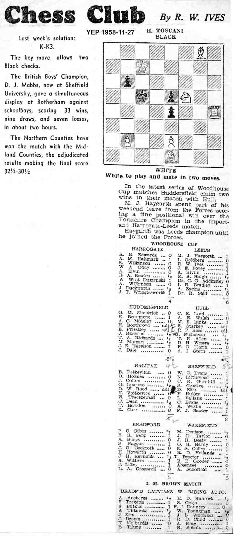 27 November 1958, Yorkshire Evening Post, chess column