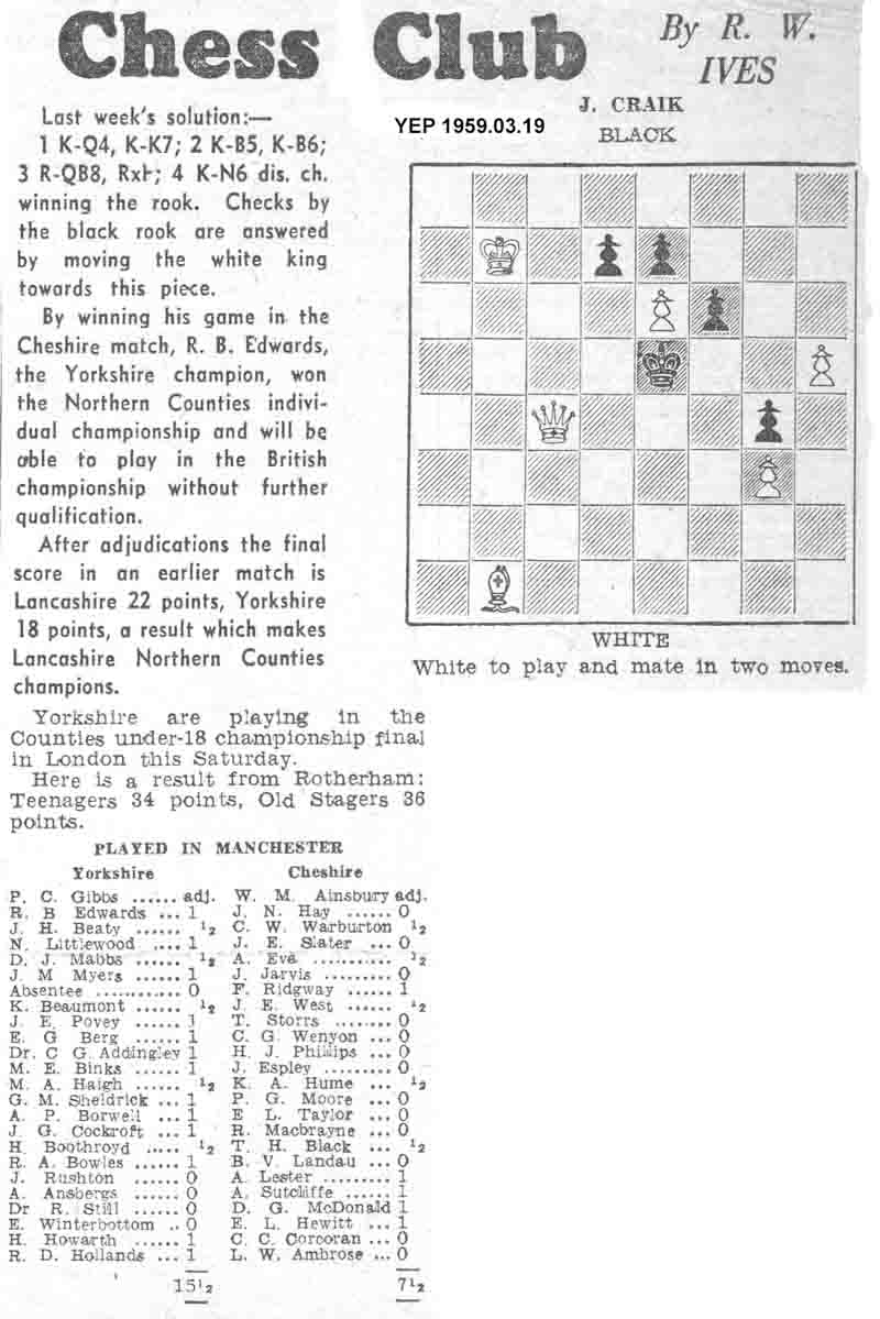 28 August 1958, Yorkshire Evening Post, chess column