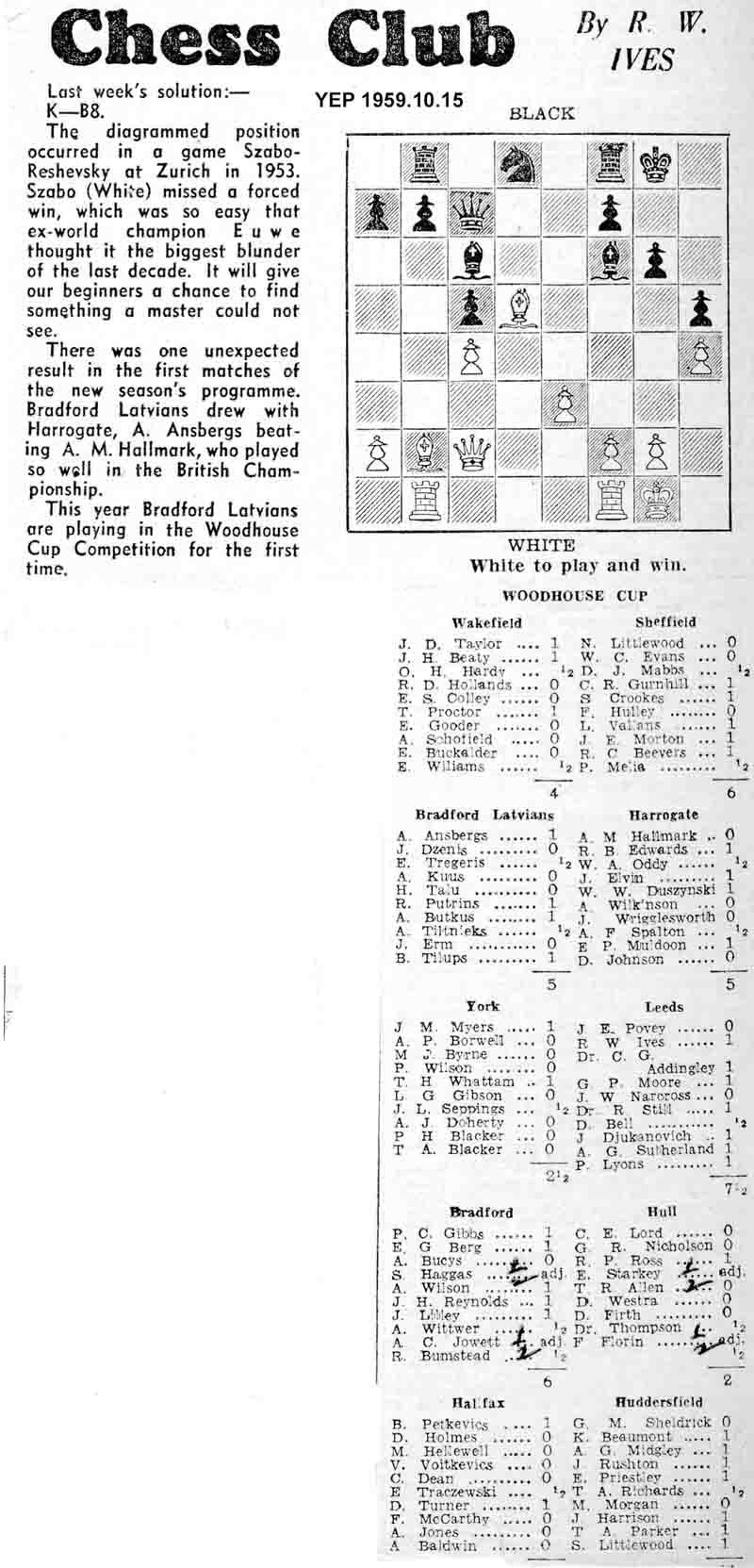 15 October 1959, Yorkshire Evening Post, chess column