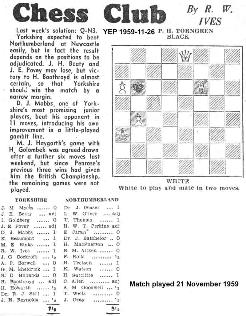 26 November 1959, Yorkshire Evening Post, chess column