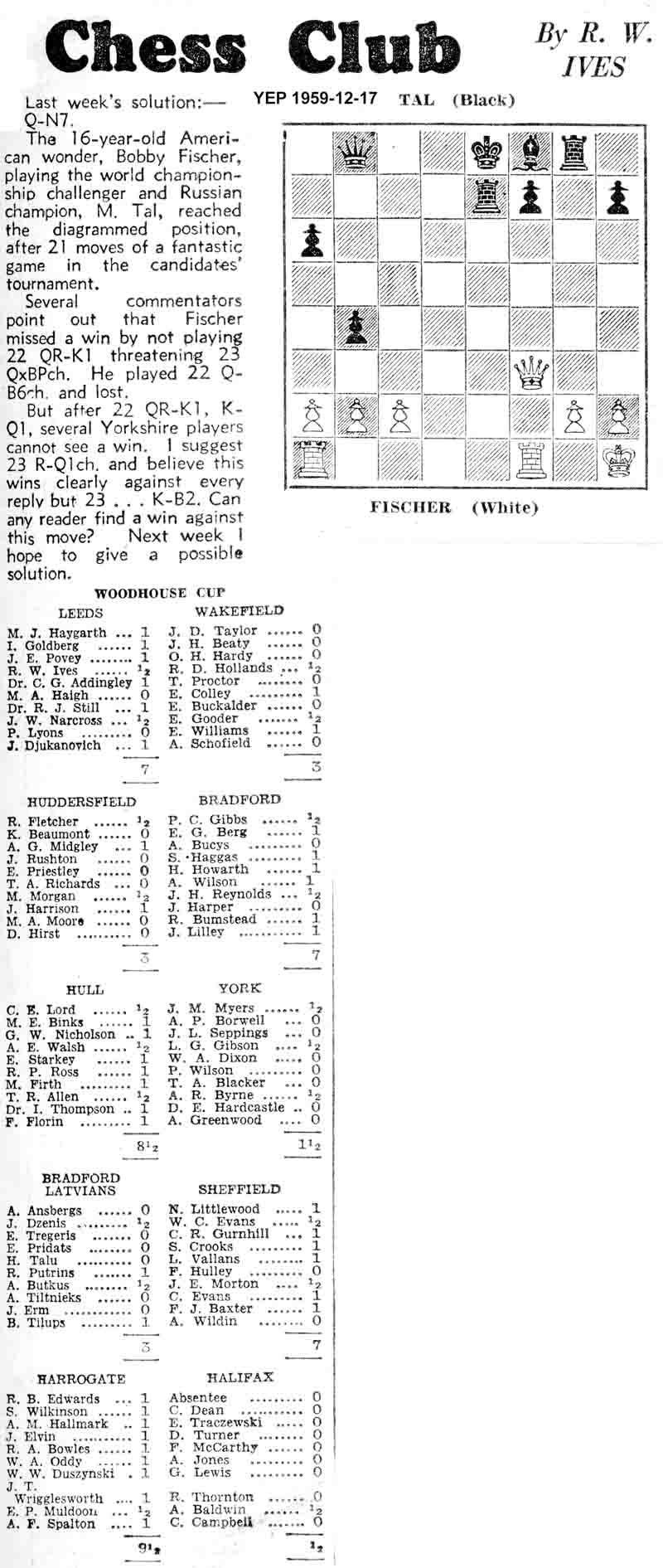 24 December 1959, Yorkshire Evening Post, chess column