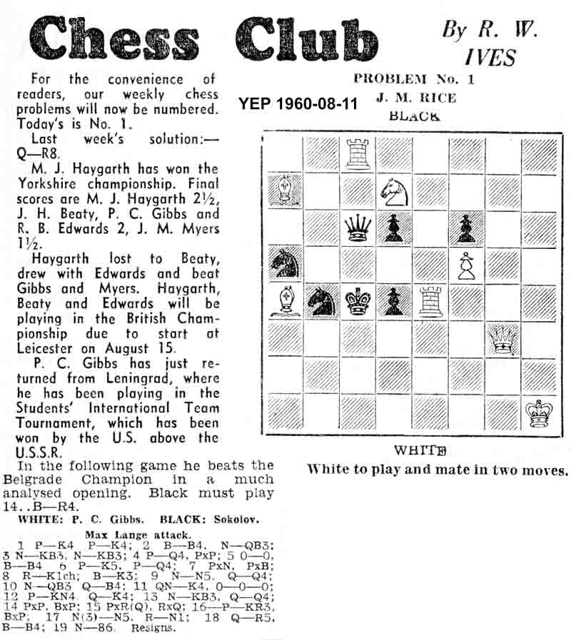 11 August 1960, Yorkshire Evening Post, chess column