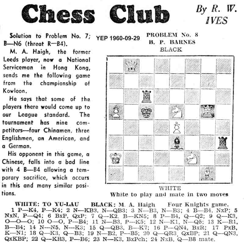 15 September 1960, Yorkshire Evening Post, chess column