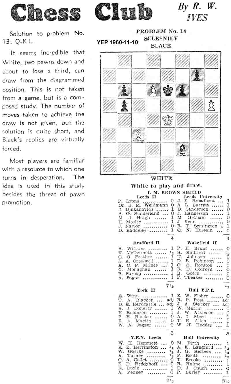 3 November 1960, Yorkshire Evening Post, chess column