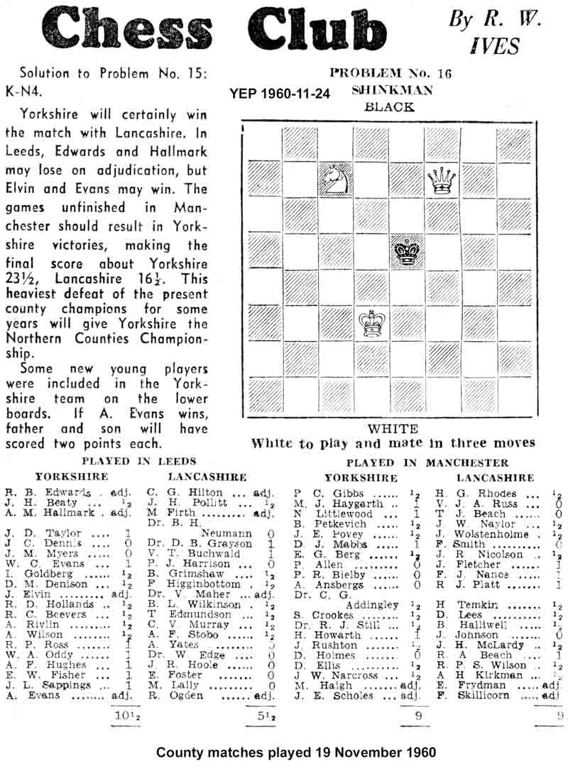 24 November 1960, Yorkshire Evening Post, chess column