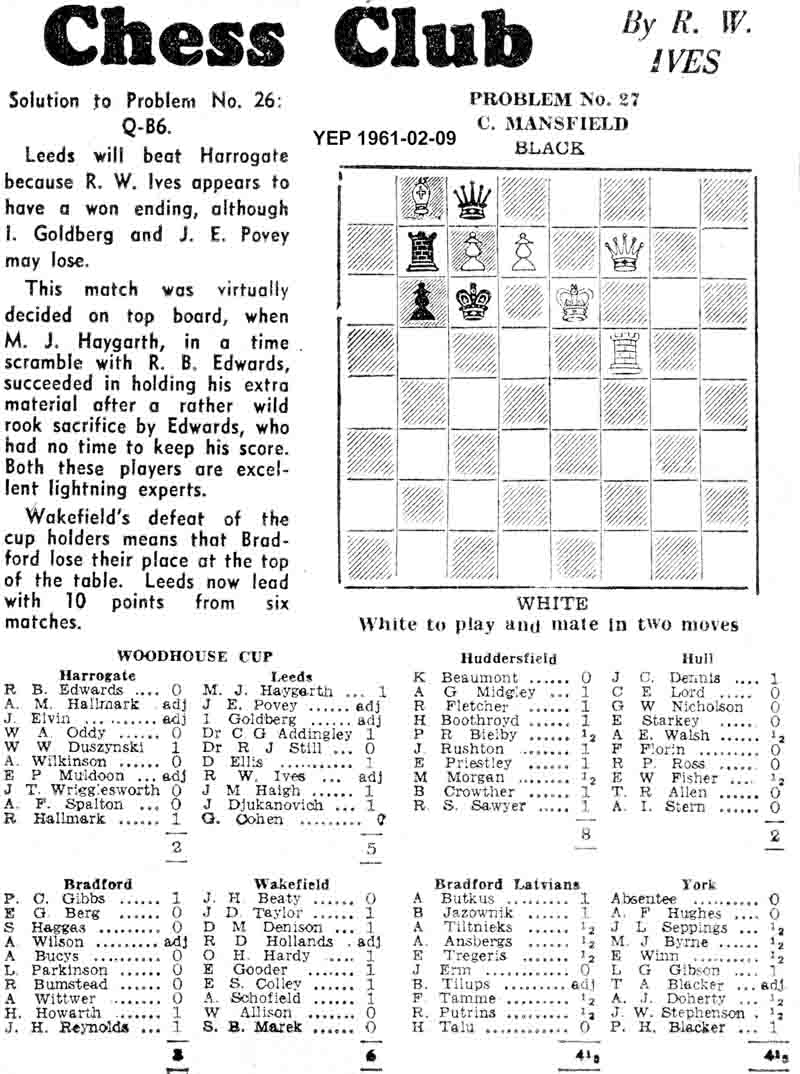 19 January 1961, Yorkshire Evening Post, chess column