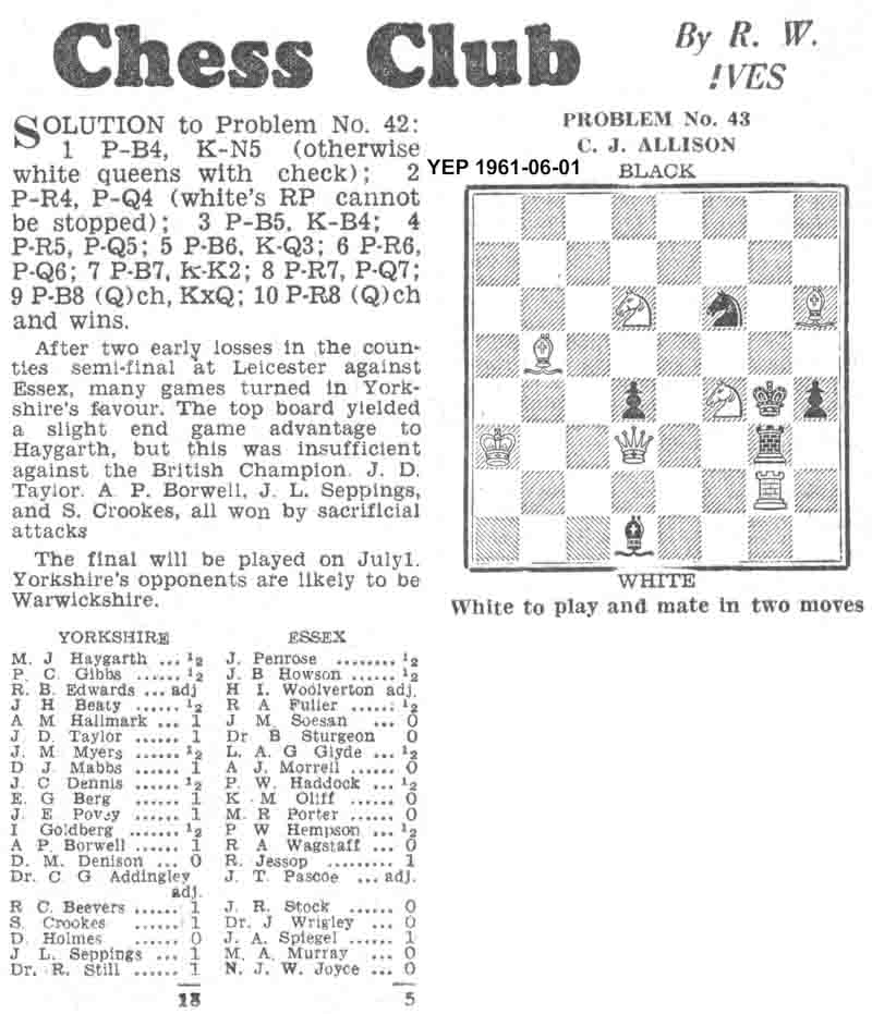 1 June 1961, Yorkshire Evening Post, chess column