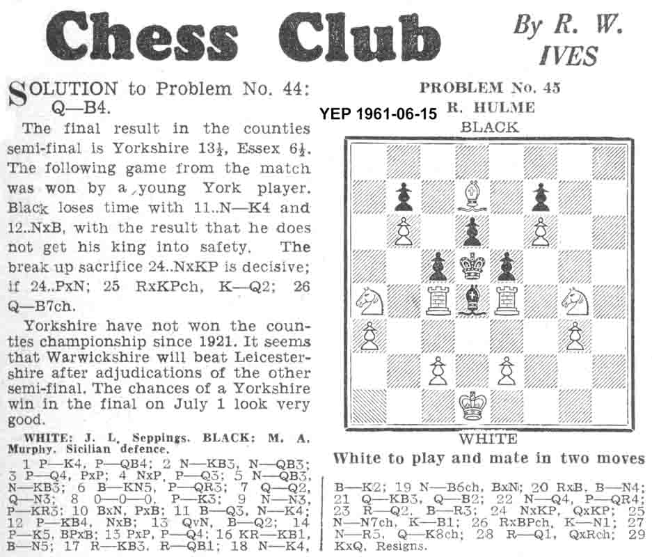 15 June 1961, Yorkshire Evening Post, chess column