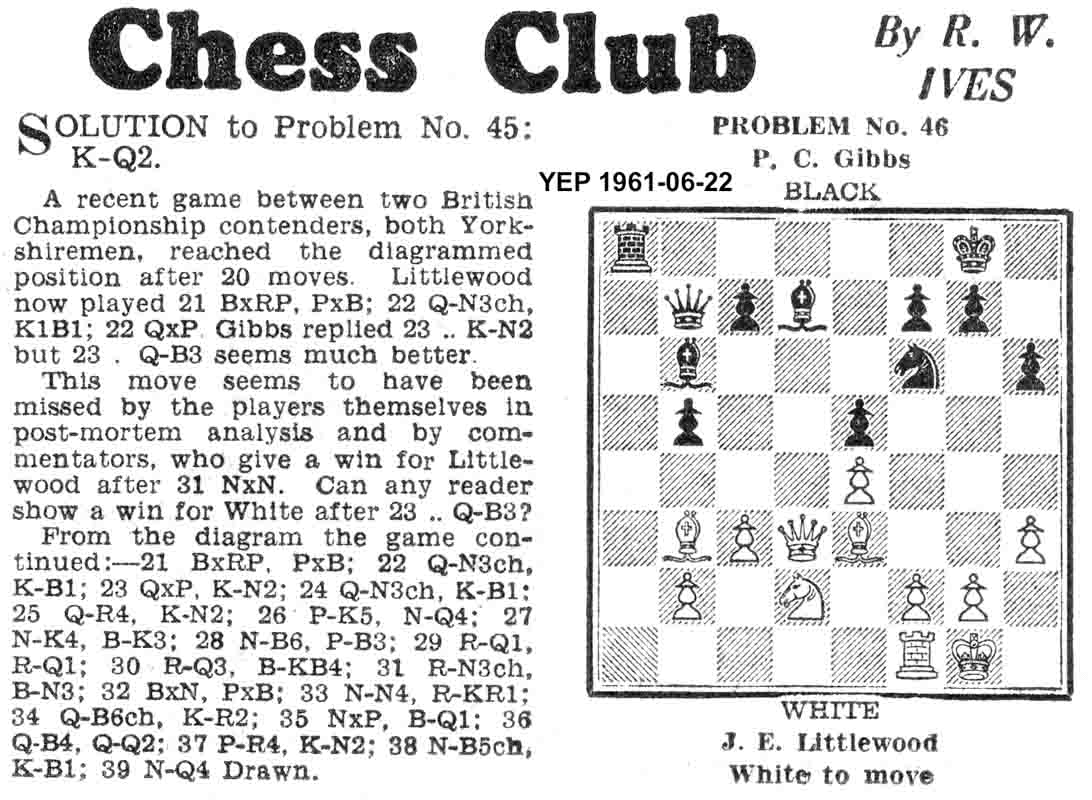 22 June 1961, Yorkshire Evening Post, chess column