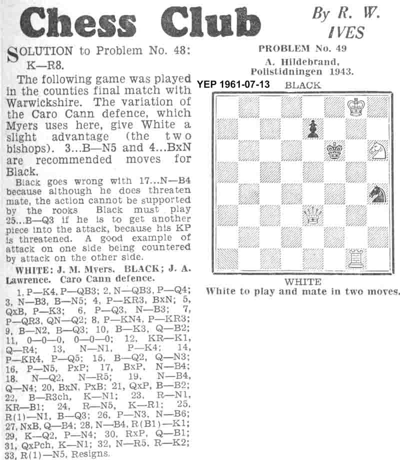 13 July 1961, Yorkshire Evening Post, chess column