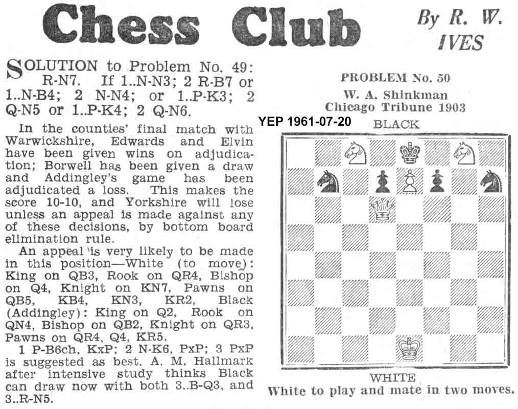 20 July 1961, Yorkshire Evening Post, chess column