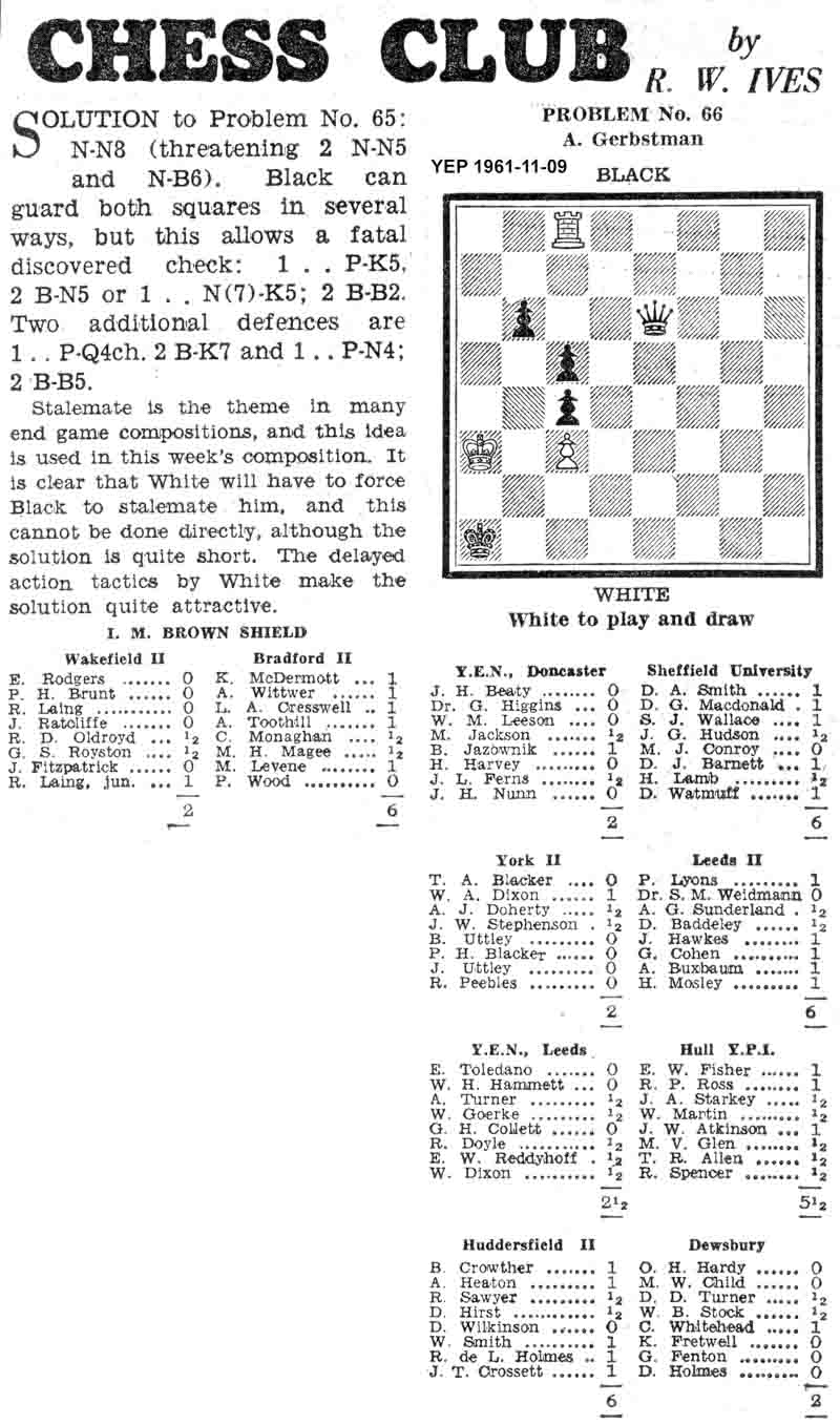 9 November 1961, Yorkshire Evening Post, chess column