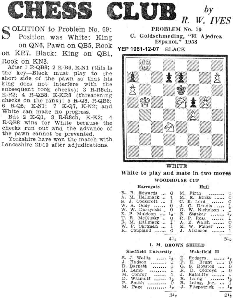 30 November 1961, Yorkshire Evening Post, chess column