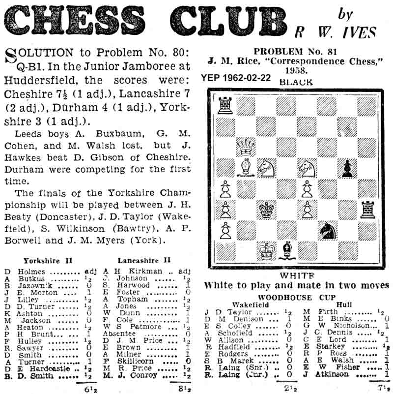 22 February 1962, Yorkshire Evening Post, chess column