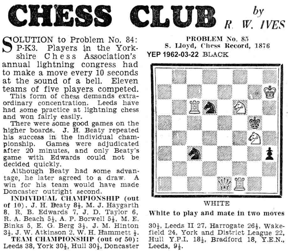 16 March 1962, Yorkshire Evening Post, chess column