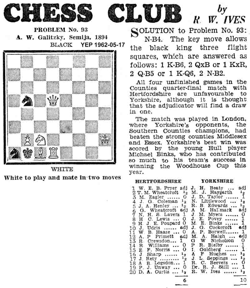 17 May 1962, Yorkshire Evening Post, chess column