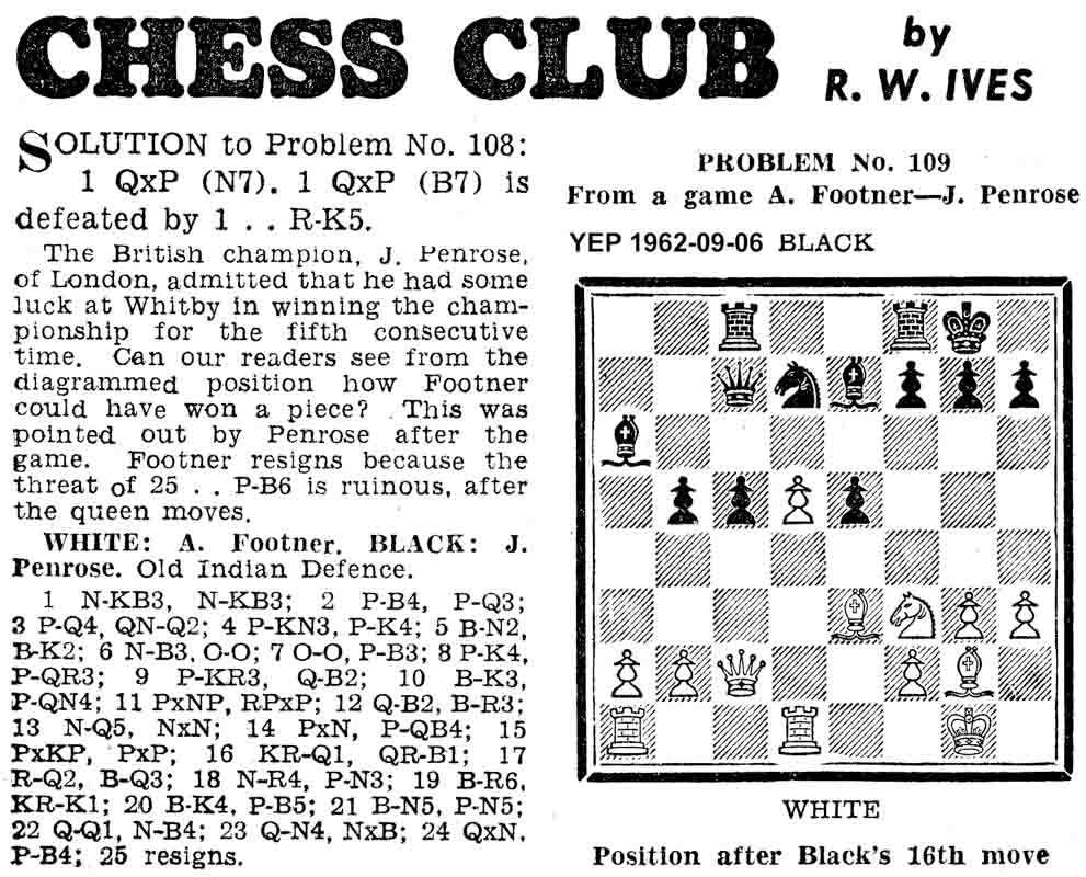 6 September 1962, Yorkshire Evening Post, chess column