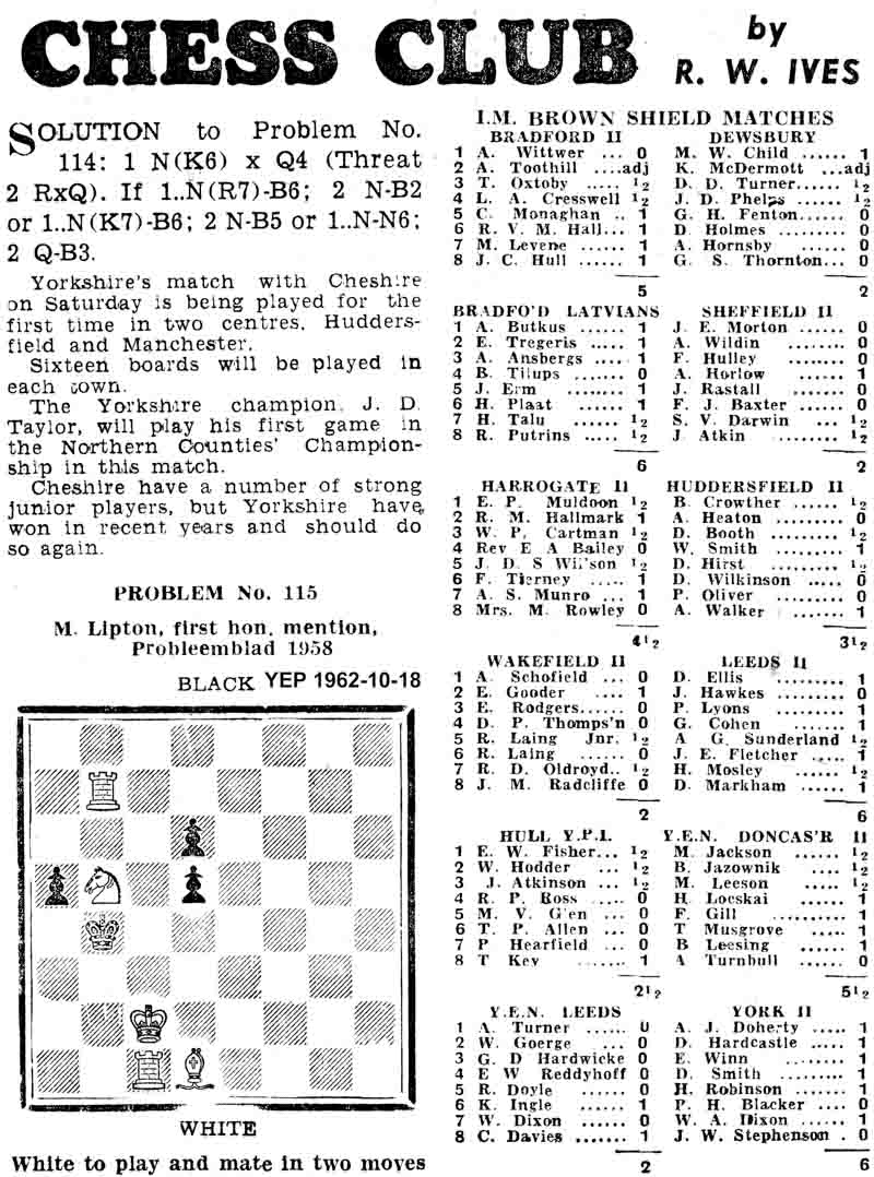 18 October 1962, Yorkshire Evening Post, chess column