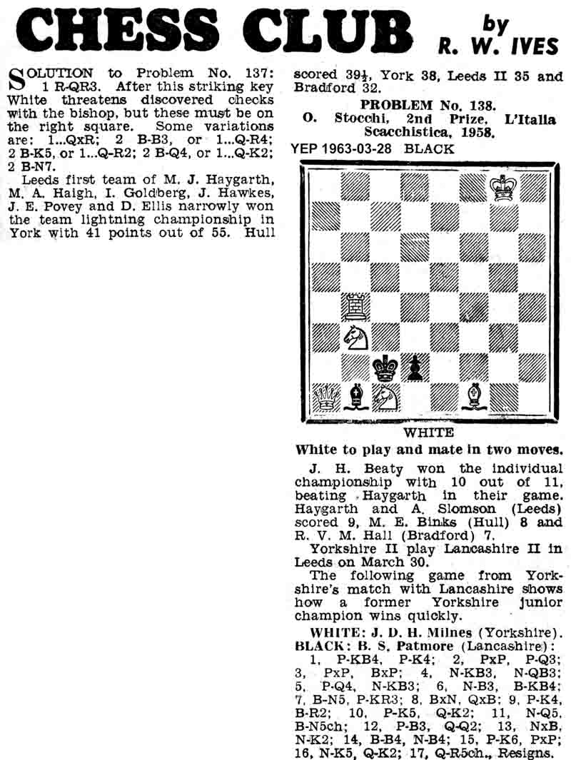 28 March 1963, Yorkshire Evening Post, chess column
