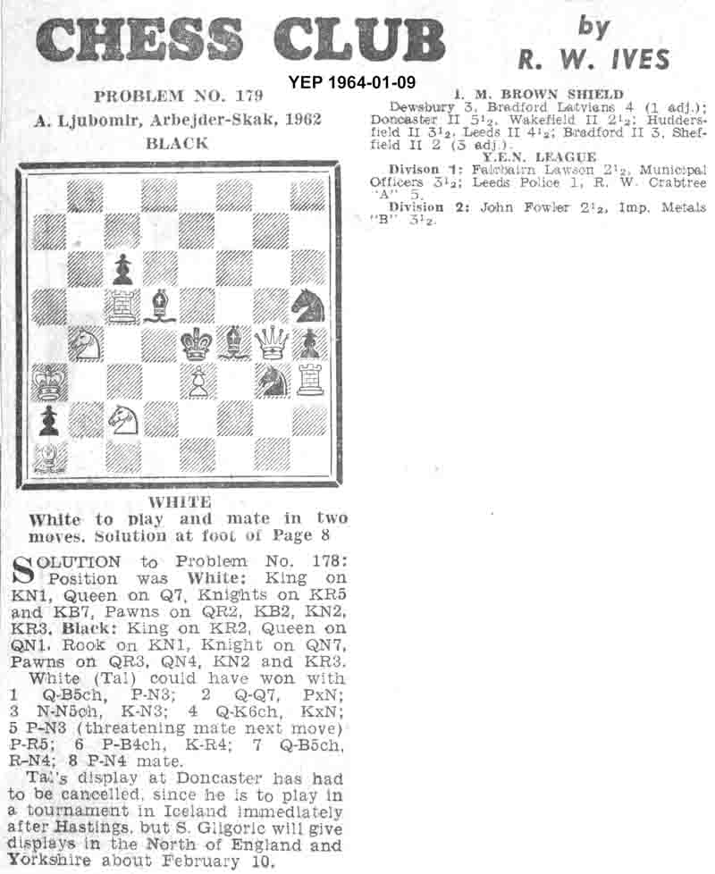 9 January 1964, Yorkshire Evening Post, chess column